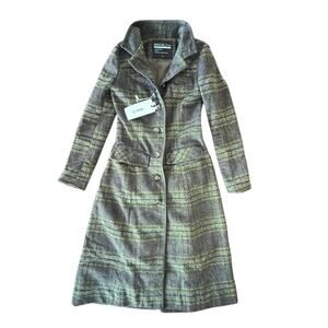 NEW Aporia.AS Wool Blend Plaid Brown Green Long Winter Coat XS leather trim